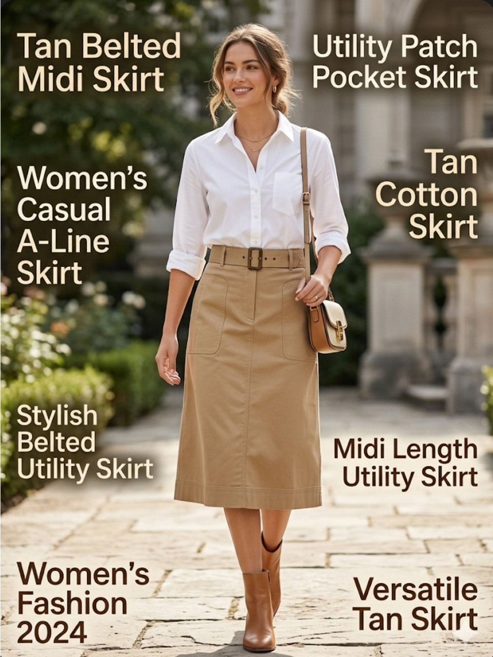 INC International Concepts Tan Belted A-Line Midi Skirt